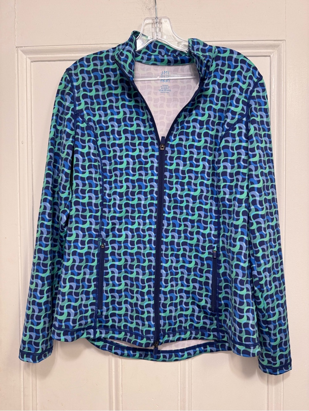 J. McLaughlin Blue & Aqua Geometric Zip Bomber Jacket